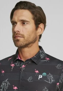 Puma Palm Tree Crew Bedrucktes Golf - Poloshirt - Black Charming Pink -Golfserie Winkel 452c92813eed4931a45037991d77e3d9